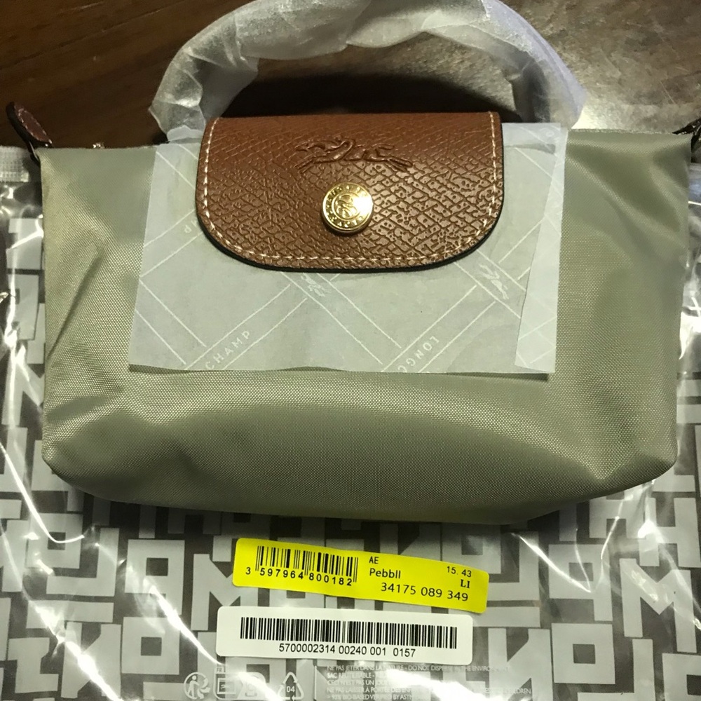 Longchamp Nylon Cosmetic Pouch in Pebble Gray with Brown Flap